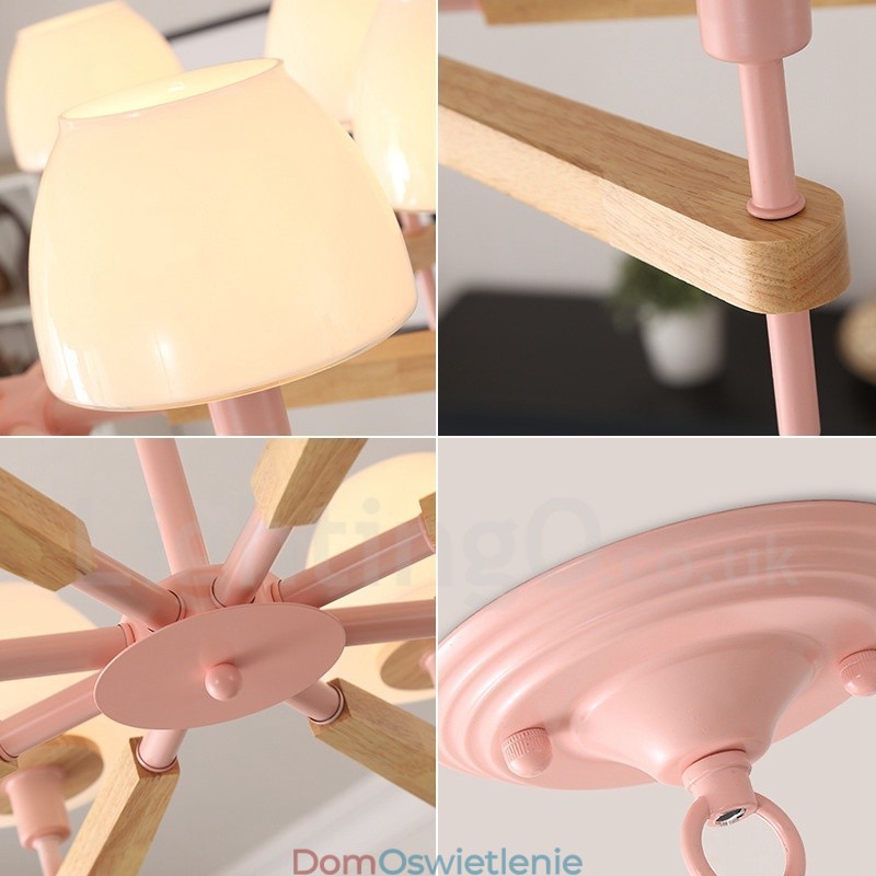 6 świateł 8 świateł wielokolorowe Macaron Wood wiszące światło z kloszami szklanymi żyrandol w stylu nordyckim