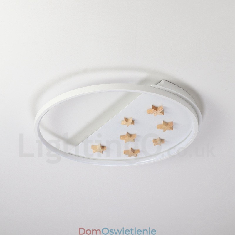 Ściemnialna biała lampa sufitowa z okrągłym drewnianym wzorem w gwiazdy, ultracienka lampa sufitowa, którą można również wykorzystać jako lampę ścienną