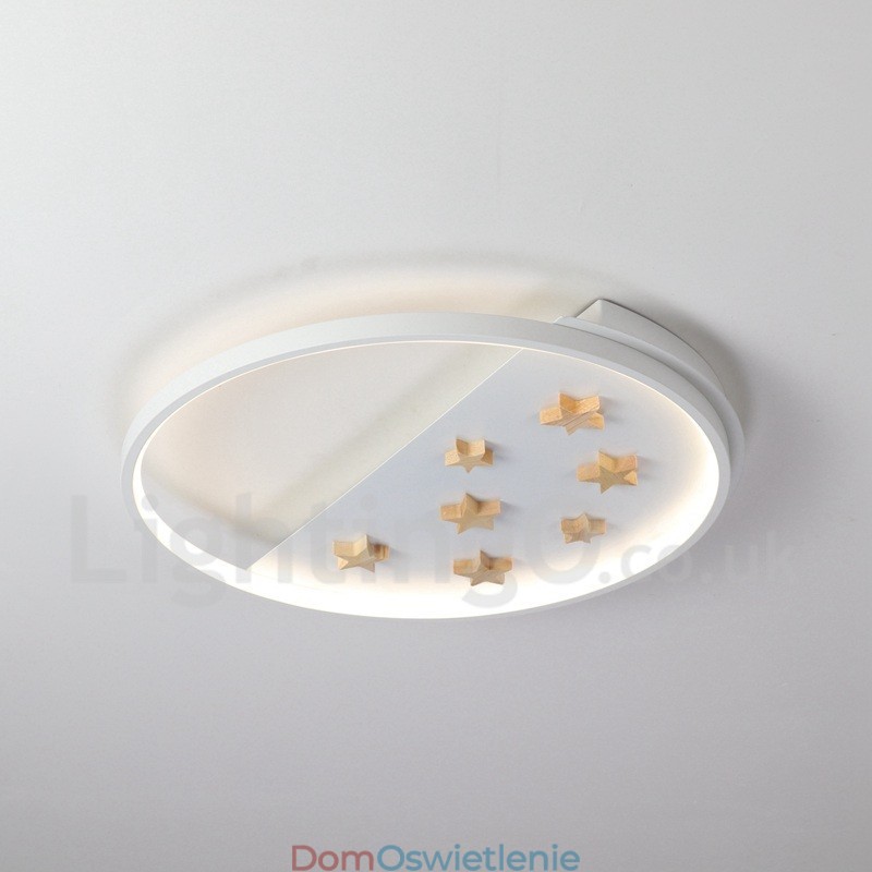 Ściemnialna biała lampa sufitowa z okrągłym drewnianym wzorem w gwiazdy, ultracienka lampa sufitowa, którą można również wykorzystać jako lampę ścienną