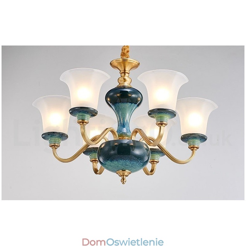Retro Vintage Mosiężny Ceramiczny Wiszący Żyrandol Świeca z Kloszami Szklanymi