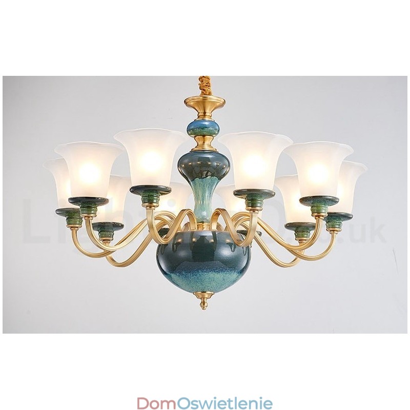 Retro Vintage Mosiężny Ceramiczny Wiszący Żyrandol Świeca z Kloszami Szklanymi