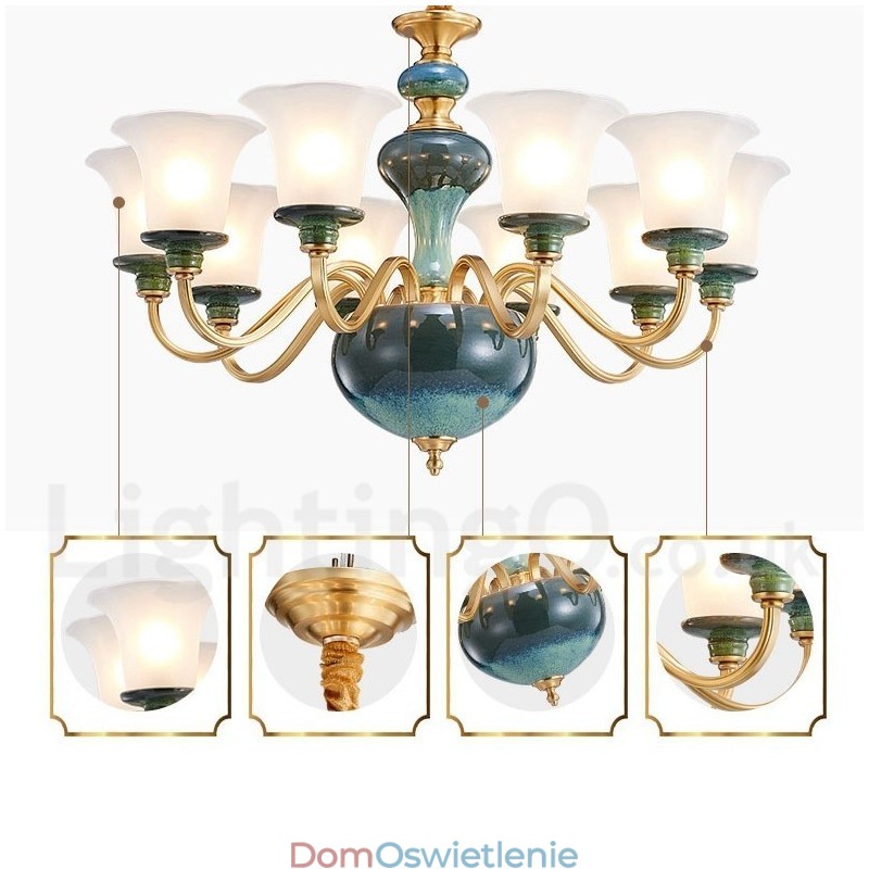 Retro Vintage Mosiężny Ceramiczny Wiszący Żyrandol Świeca z Kloszami Szklanymi