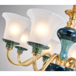 Retro Vintage Mosiężny Ceramiczny Wiszący Żyrandol Świeca z Kloszami Szklanymi