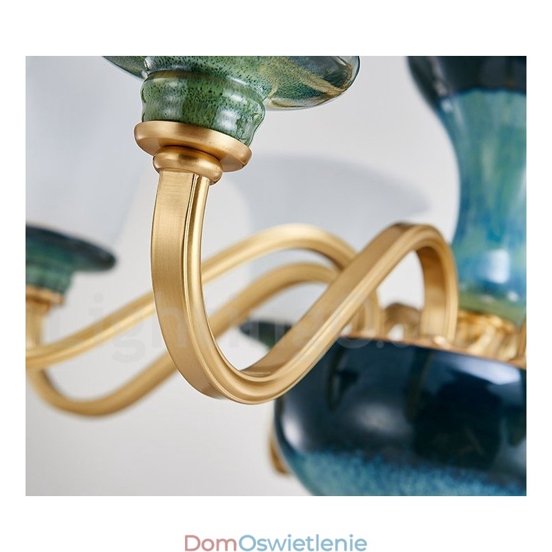 Retro Vintage Mosiężny Ceramiczny Wiszący Żyrandol Świeca z Kloszami Szklanymi