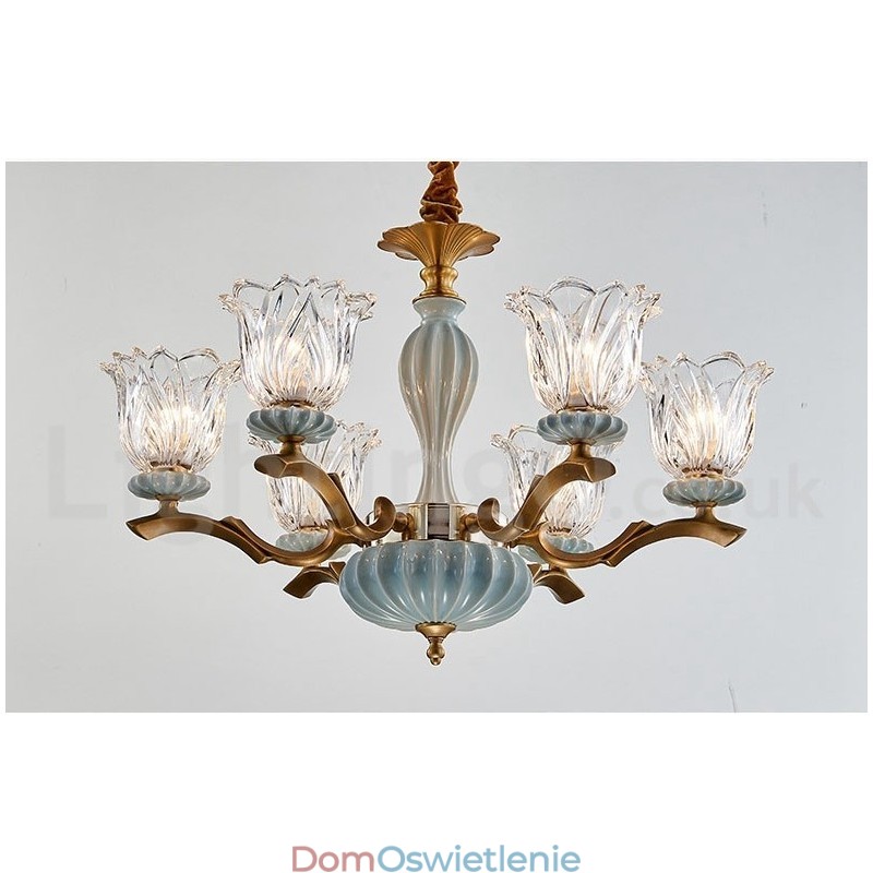 Retro Vintage Mosiężny Ceramiczny Wiszący Żyrandol Świeca z Kloszami Szklanymi