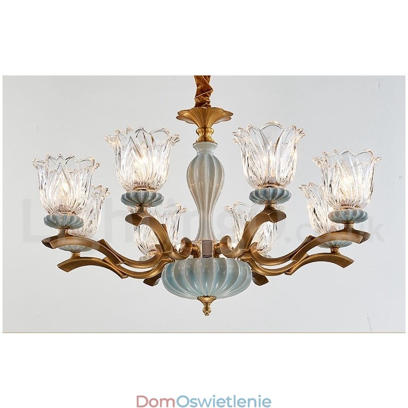 Retro Vintage Mosiężny Ceramiczny Wiszący Żyrandol Świeca z Kloszami Szklanymi