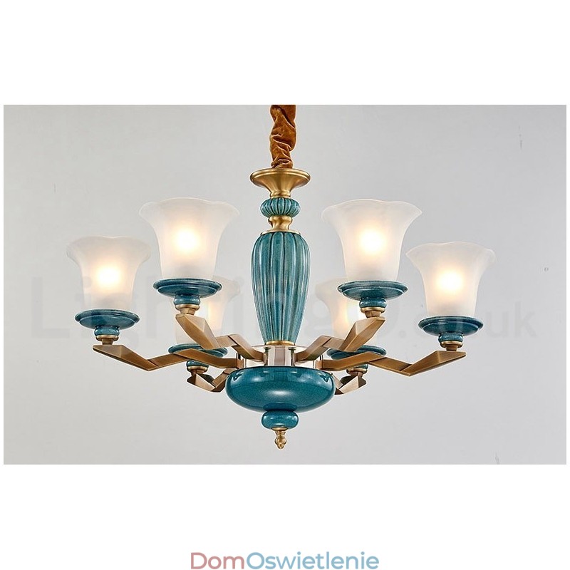 Retro Vintage Mosiężny Ceramiczny Wiszący Żyrandol Świeca z Kloszami Szklanymi