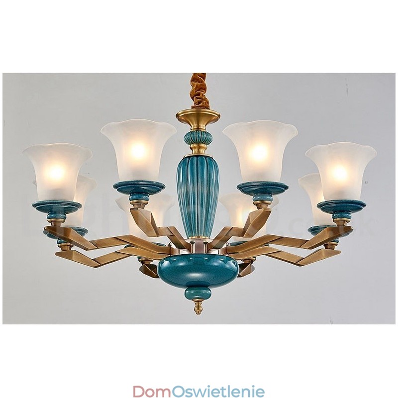 Retro Vintage Mosiężny Ceramiczny Wiszący Żyrandol Świeca z Kloszami Szklanymi