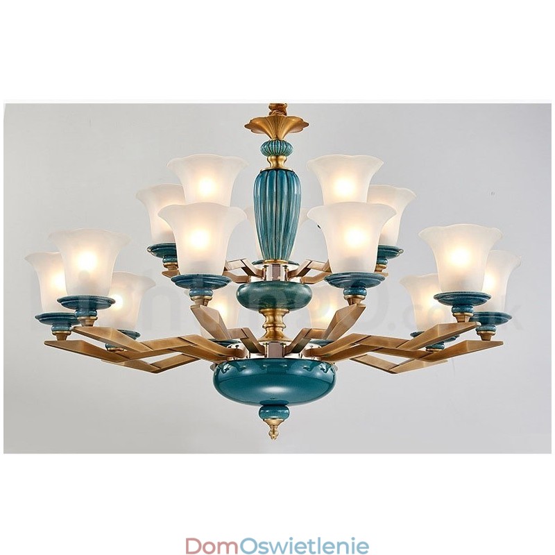 Retro Vintage Mosiężny Ceramiczny Wiszący Żyrandol Świeca z Kloszami Szklanymi