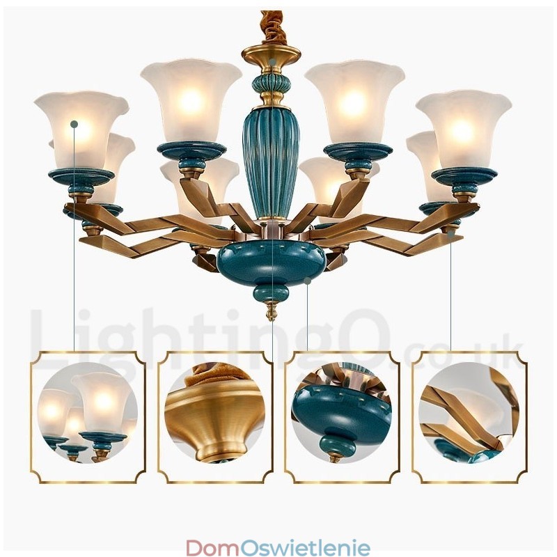 Retro Vintage Mosiężny Ceramiczny Wiszący Żyrandol Świeca z Kloszami Szklanymi