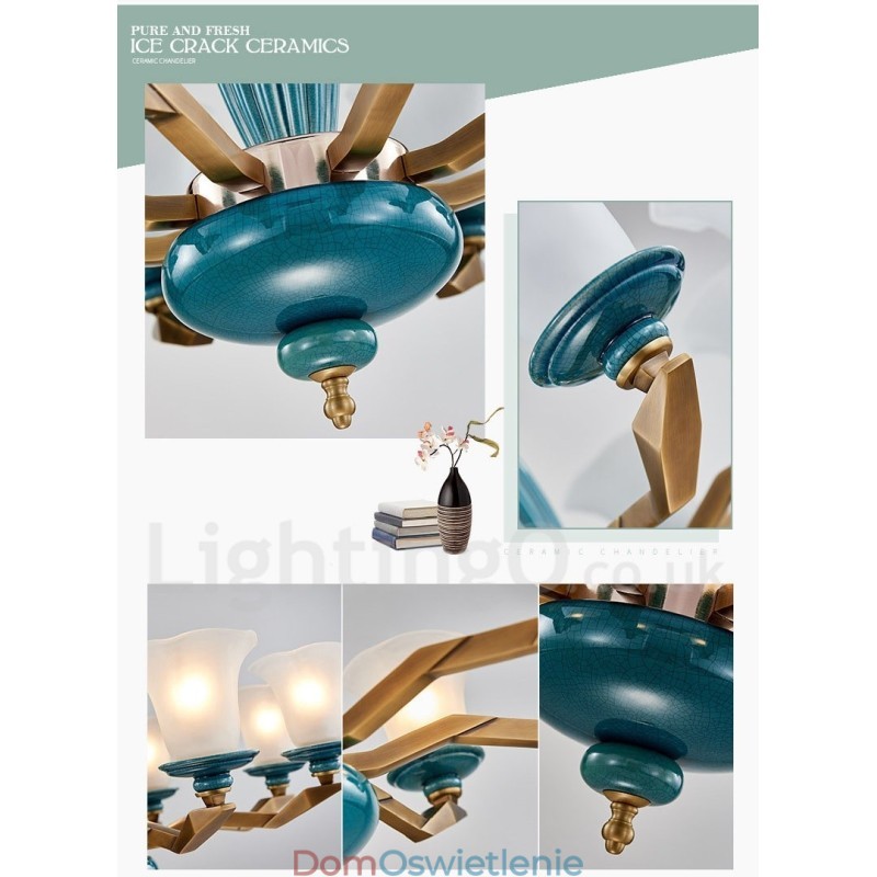 Retro Vintage Mosiężny Ceramiczny Wiszący Żyrandol Świeca z Kloszami Szklanymi