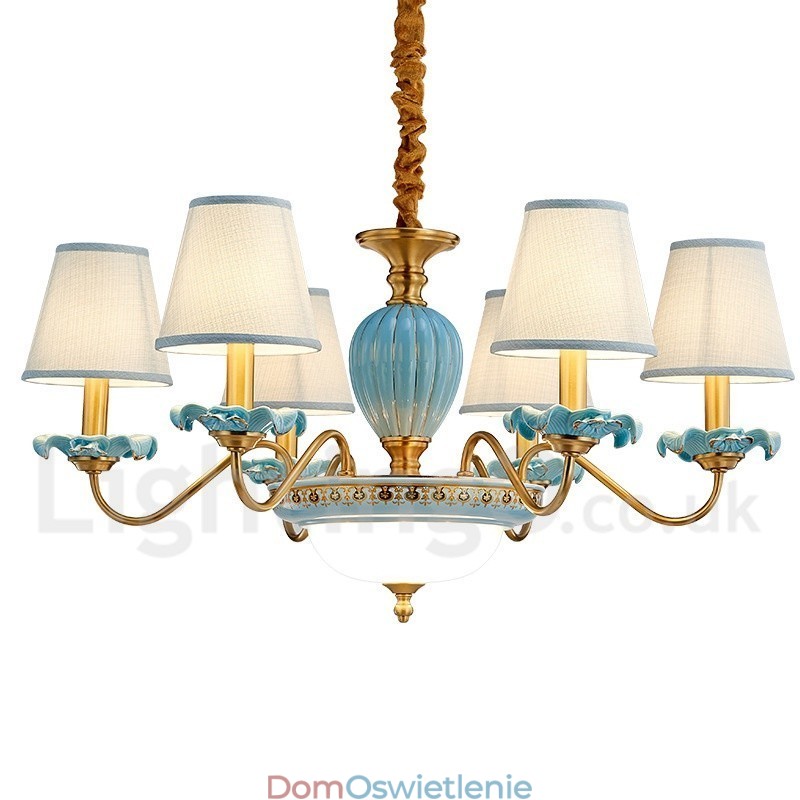 Retro Vintage Mosiężny Ceramiczny Wiszący Żyrandol Świeca z Niebieskimi Abażurami z Tkaniny