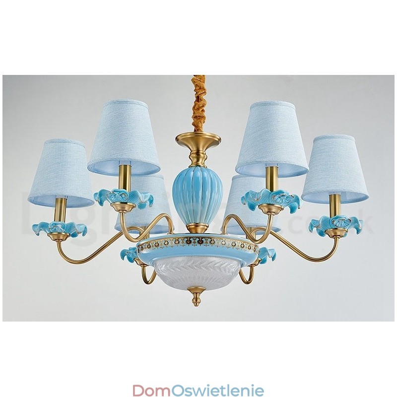Retro Vintage Mosiężny Ceramiczny Wiszący Żyrandol Świeca z Niebieskimi Abażurami z Tkaniny