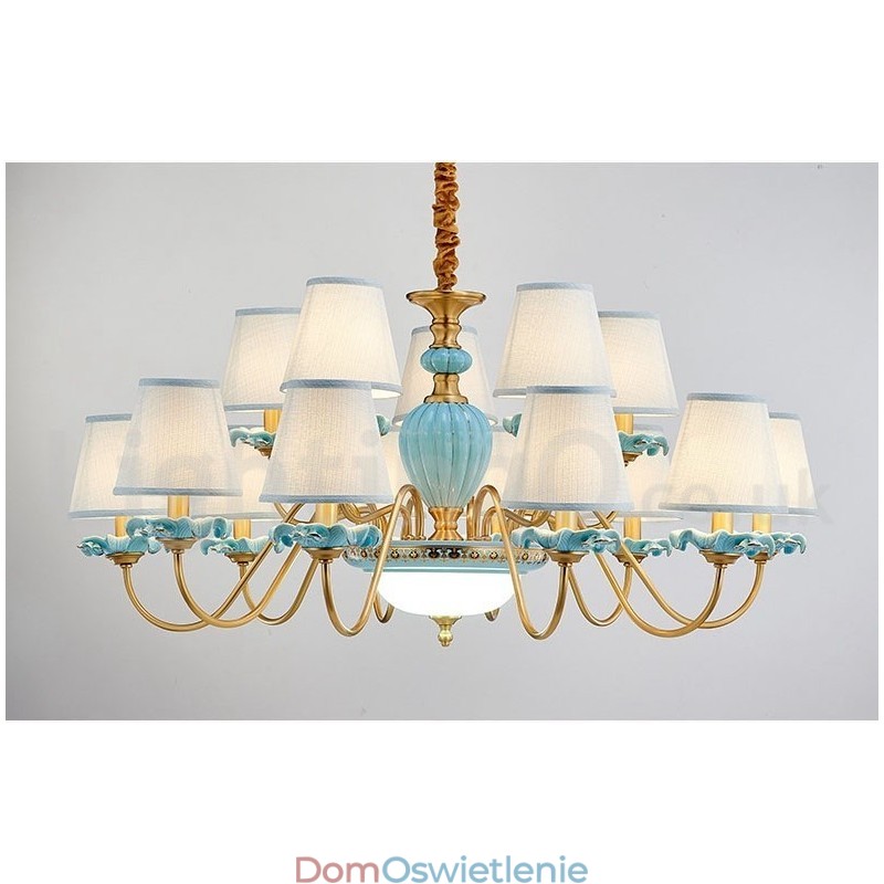 Retro Vintage Mosiężny Ceramiczny Wiszący Żyrandol Świeca z Niebieskimi Abażurami z Tkaniny