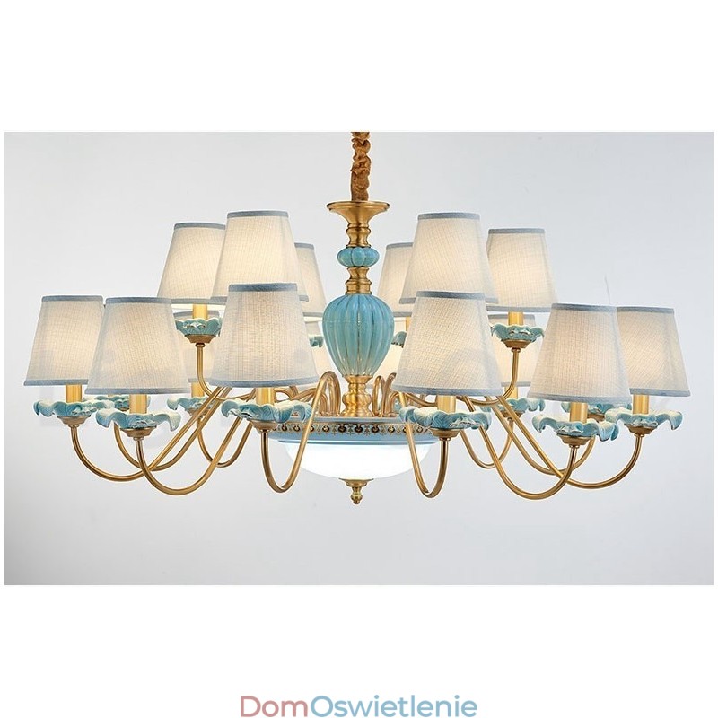 Retro Vintage Mosiężny Ceramiczny Wiszący Żyrandol Świeca z Niebieskimi Abażurami z Tkaniny