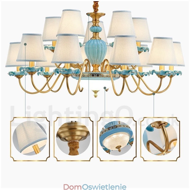 Retro Vintage Mosiężny Ceramiczny Wiszący Żyrandol Świeca z Niebieskimi Abażurami z Tkaniny