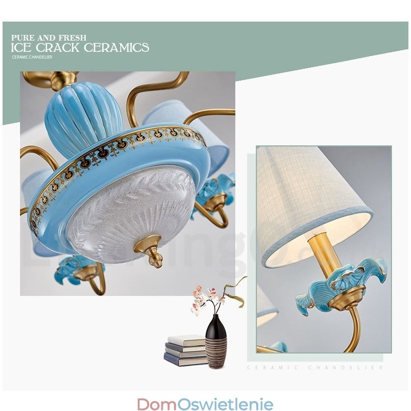 Retro Vintage Mosiężny Ceramiczny Wiszący Żyrandol Świeca z Niebieskimi Abażurami z Tkaniny