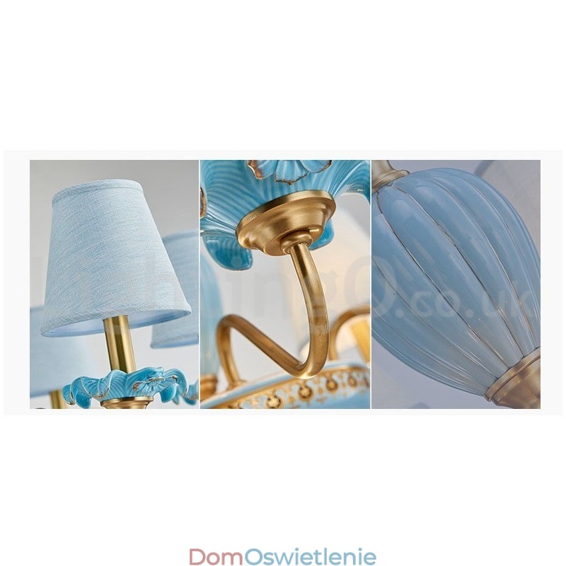 Retro Vintage Mosiężny Ceramiczny Wiszący Żyrandol Świeca z Niebieskimi Abażurami z Tkaniny
