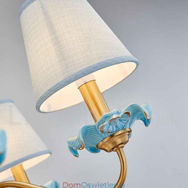 Retro Vintage Mosiężny Ceramiczny Wiszący Żyrandol Świeca z Niebieskimi Abażurami z Tkaniny