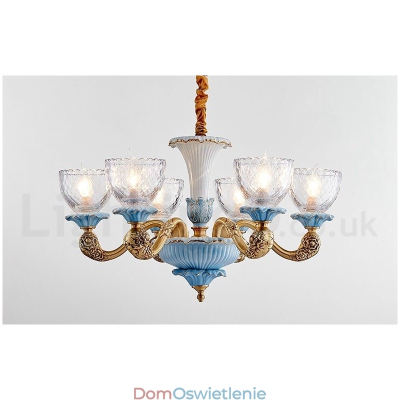 Retro Vintage Mosiężny Ceramiczny Wiszący Żyrandol Świeca z Kloszami Szklanymi