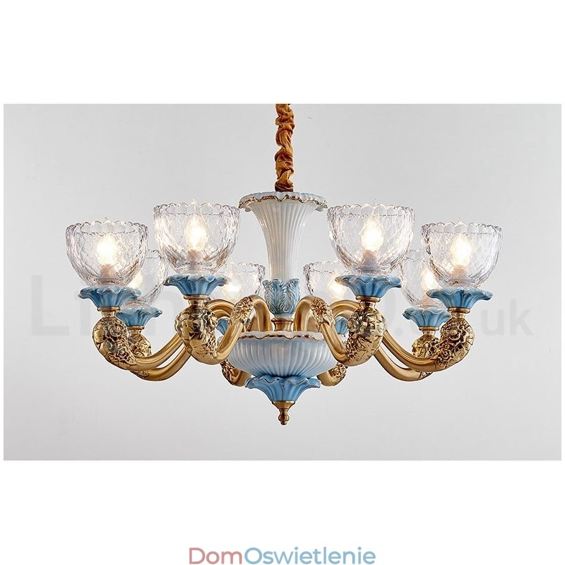 Retro Vintage Mosiężny Ceramiczny Wiszący Żyrandol Świeca z Kloszami Szklanymi