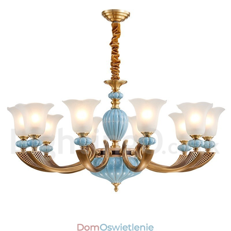 Retro Vintage Mosiężny Ceramiczny Wiszący Żyrandol Świeca z Kloszami Szklanymi