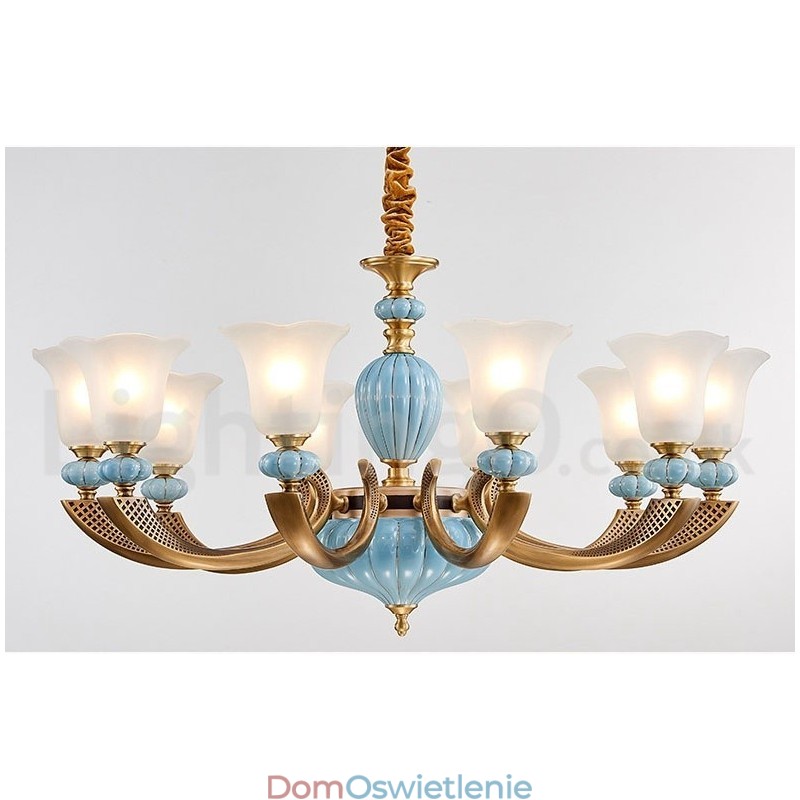 Retro Vintage Mosiężny Ceramiczny Wiszący Żyrandol Świeca z Kloszami Szklanymi