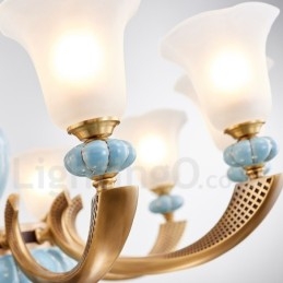 Retro Vintage Mosiężny Ceramiczny Wiszący Żyrandol Świeca z Kloszami Szklanymi