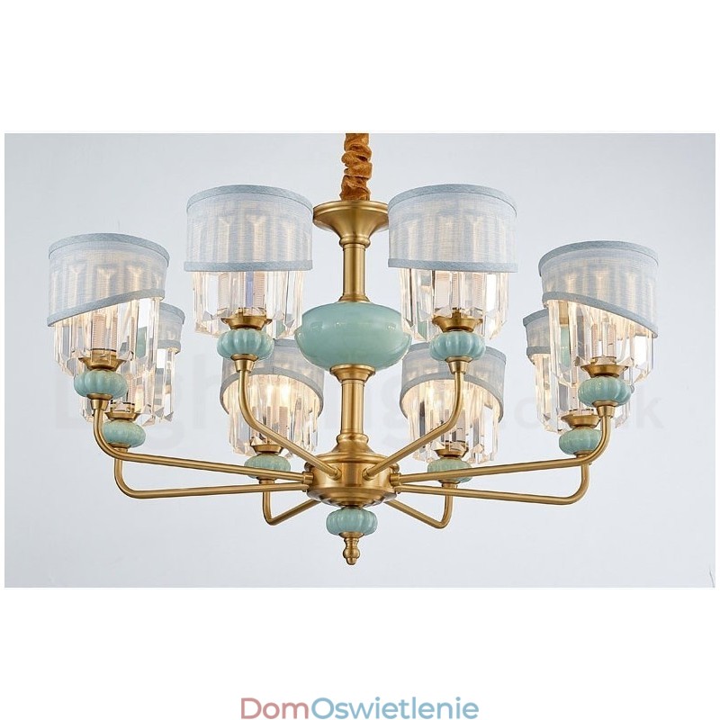 Czysty mosiądz Luksusowy rustykalny retro vintage mosiężny ceramiczny wiszący żyrandol z abażurami z tkaniny i kryształu