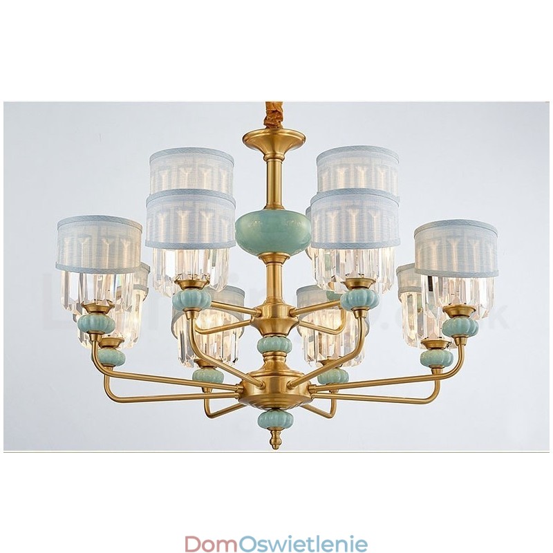 Czysty mosiądz Luksusowy rustykalny retro vintage mosiężny ceramiczny wiszący żyrandol z abażurami z tkaniny i kryształu