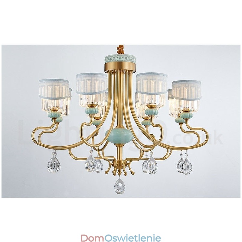 Czysty mosiądz Luksusowy rustykalny retro vintage mosiężny ceramiczny wiszący żyrandol z abażurami z tkaniny i kryształu