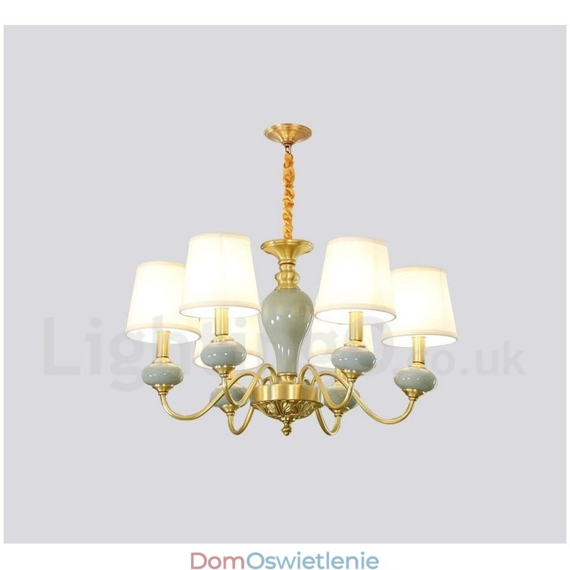 Czysty mosiądz Luksusowy rustykalny retro vintage mosiężny ceramiczny wiszący żyrandol z abażurami z tkaniny