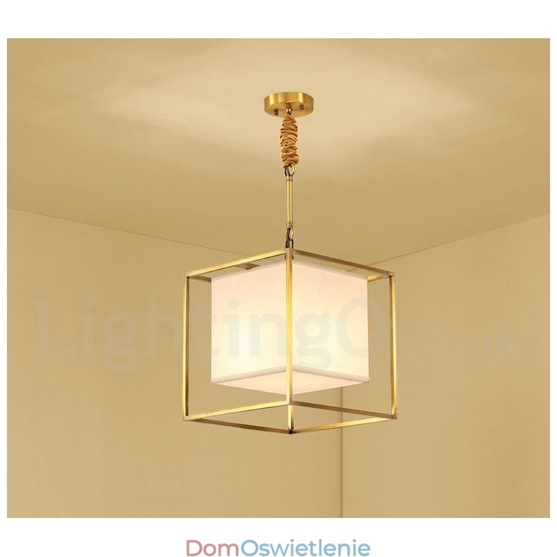 Czysta mosiężna prosta rustykalna retro zabytkowa lampa wisząca z mosiądzu z kloszem z tkaniny