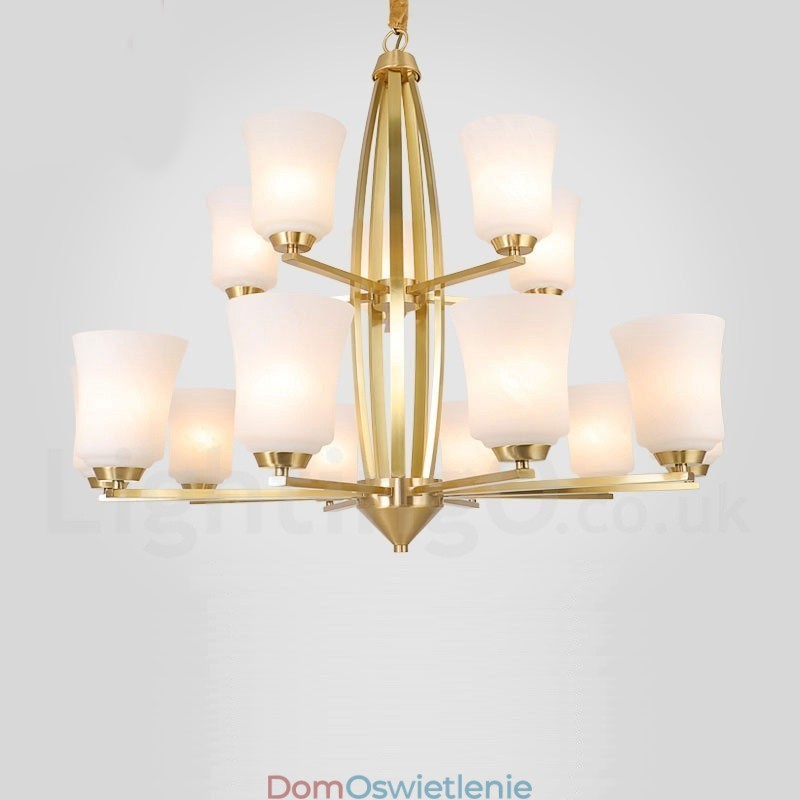 15-punktowy, duży, luksusowy, rustykalny, retro, zabytkowy, mosiężny żyrandol wiszący z kloszami ze szkła