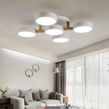 Drewniany żyrandol w nowoczesnym, skandynawskim stylu, sufitowa lampa wpuszczana z akrylowym kloszem Drewniany żyrandol w nowoczesnym, skandynawskim stylu, sufitowa lampa wpuszczana z akrylowym kloszem