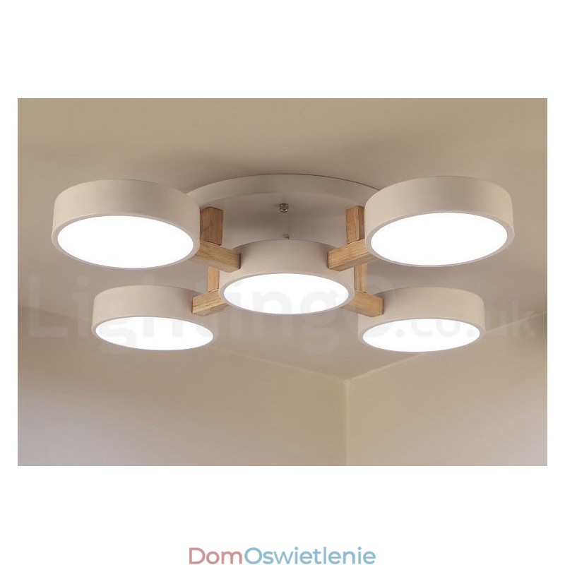 Drewniany żyrandol w nowoczesnym, skandynawskim stylu, sufitowa lampa wpuszczana z akrylowym kloszem