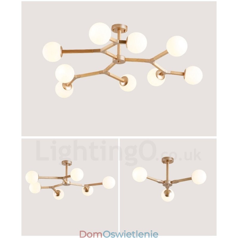 Drewniany żyrandol molekularny Nordic Modern Magic Bean Wood z kloszami ze szkła