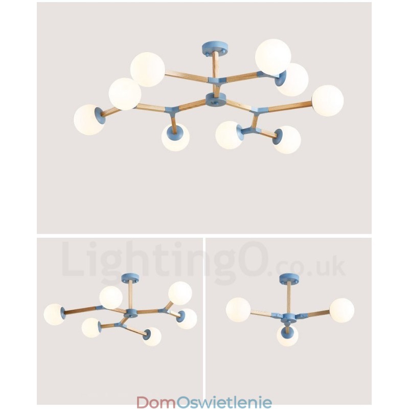 Drewniany żyrandol molekularny Nordic Modern Magic Bean Wood z kloszami ze szkła