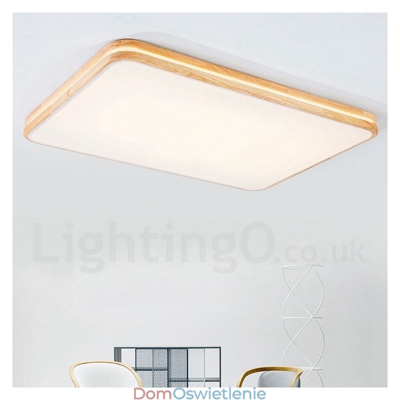 Ściemnialna prostokątna drewniana lampa sufitowa z soczewką, nowoczesny współczesny styl nordycki, montaż na płasko, z kloszem akrylowym i pilotem, może być również używana jako lampa ścienna