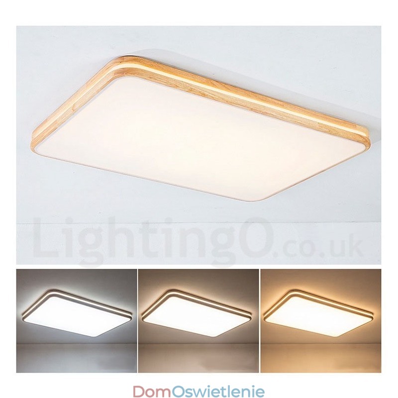 Ściemnialna prostokątna drewniana lampa sufitowa z soczewką, nowoczesny współczesny styl nordycki, montaż na płasko, z kloszem akrylowym i pilotem, może być również używana jako lampa ścienna