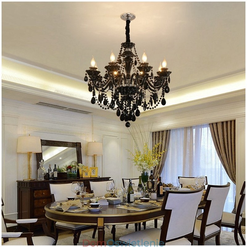 8-światłowy czarny elegancki kryształowy żyrandol na świece