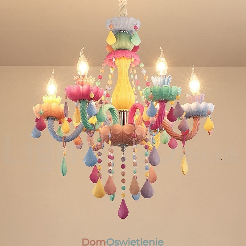 Żyrandol Macaron 6 Light z wielokolorową kryształową świecą w stylu mini dla dzieci