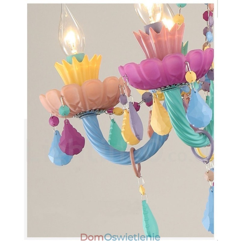 Żyrandol Macaron 6 Light z wielokolorową kryształową świecą w stylu mini dla dzieci