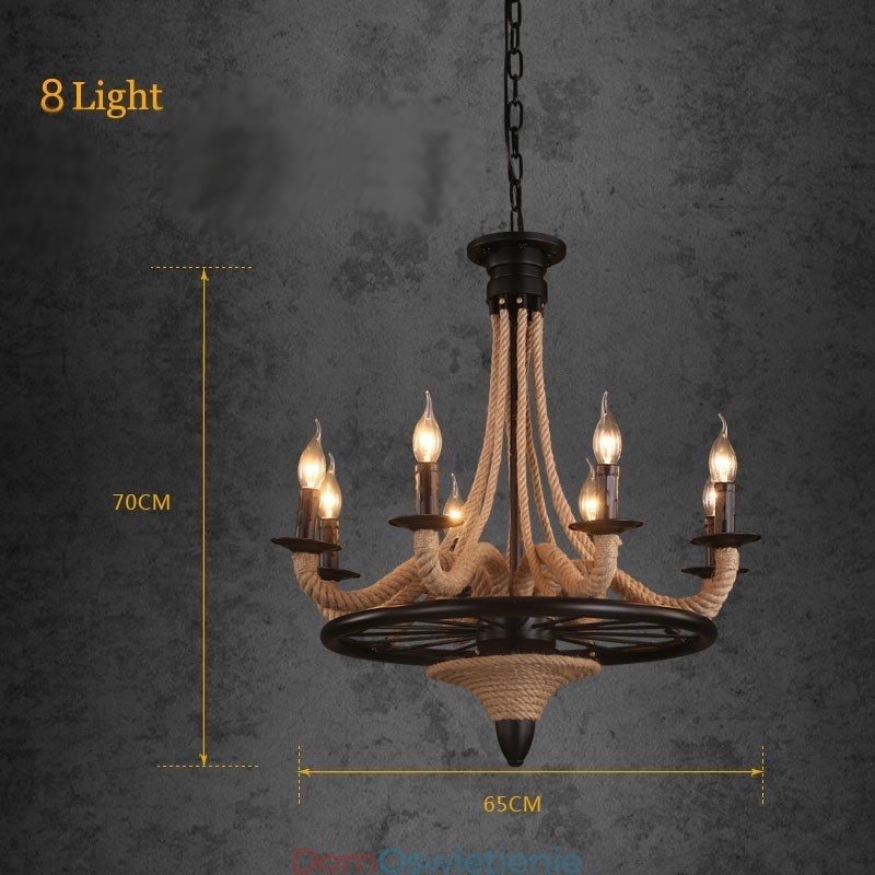 8-punktowa świeca w stylu industrialnym, wisząca lampa z konopnej liny