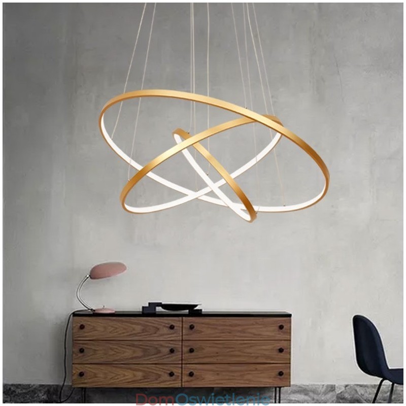 Ściemnialna lampa wisząca z pilotem, złoty nowoczesny design, trzy pierścienie
