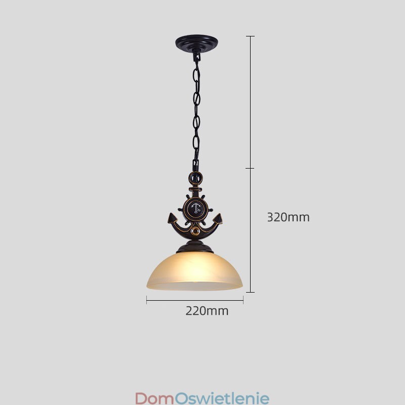 Jedno światło, czarna, rustykalna, artystyczna, retro, antyczna lampa wisząca z kloszem szklanym