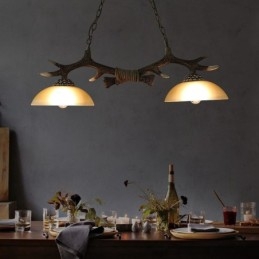 2-punktowa czarna rustykalna artystyczna retro lampa wisząca z poroża antycznego z kloszem szklanym