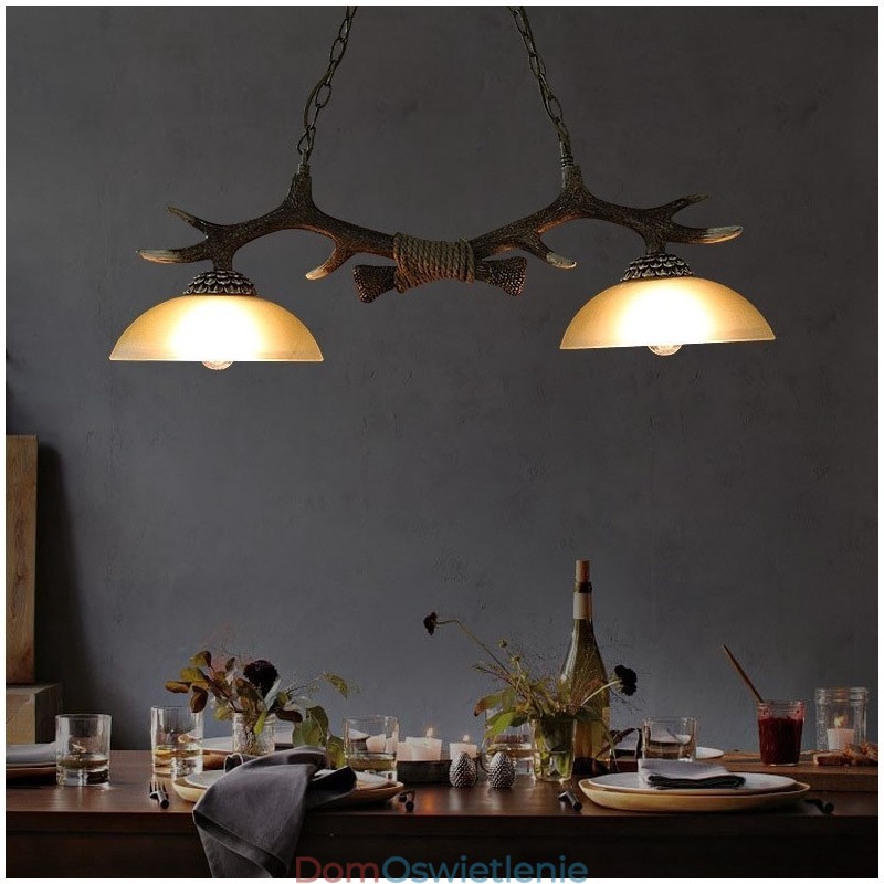 2-punktowa czarna rustykalna artystyczna retro lampa wisząca z poroża antycznego z kloszem szklanym
