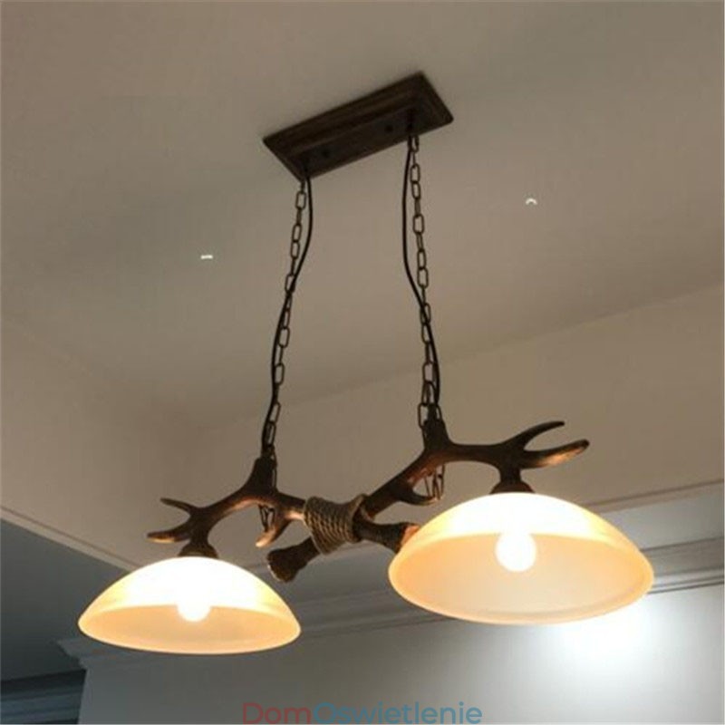 2-punktowa czarna rustykalna artystyczna retro lampa wisząca z poroża antycznego z kloszem szklanym
