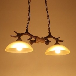 2-punktowa czarna rustykalna artystyczna retro lampa wisząca z poroża antycznego z kloszem szklanym